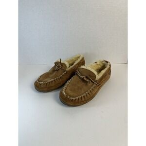LL Bean Mens Size 8 Slip On Brown Suede Wicked Shearling Lined Moccasin Slipper